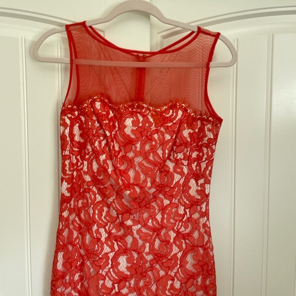 Tadashi Shoji orange red illusion lace midi dress size 2 - Picture 2 of 9